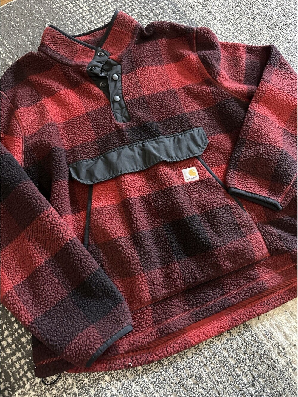 Carhartt Men’s Red/Black Plaid Fleece Pullover Snap Collared Pocket XL